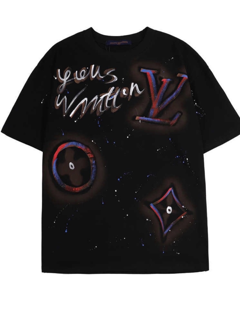 Louis Vuitton Black Short-Sleeve Spray Paint Logo Tee with Multicolor Accents